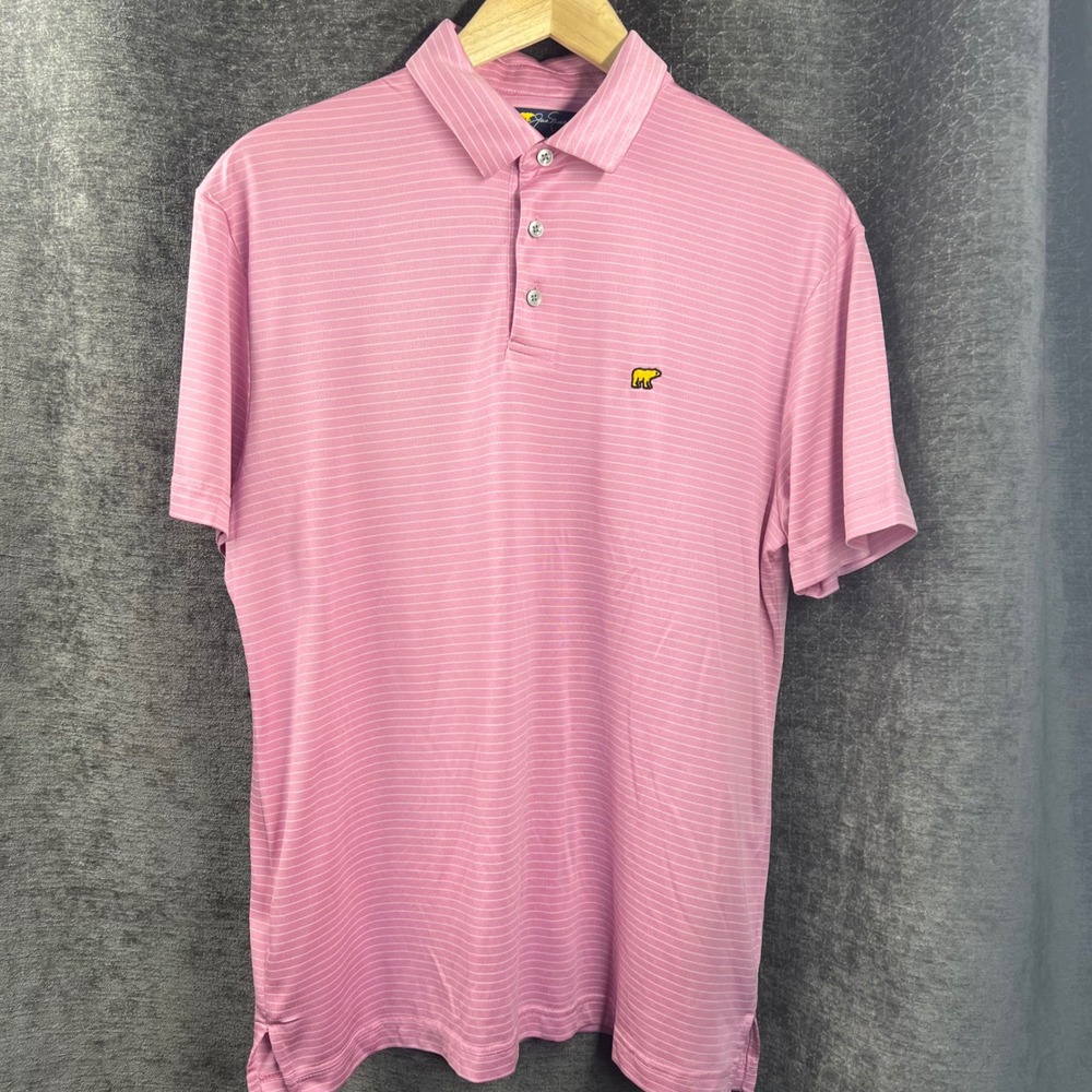 Jack Nicklaus Mens Pink Stripe Golf Polo Shirt Short Sleeve Embroidered‎ Bear M